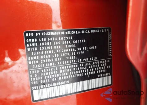 2018 Volkswagen Tiguan 2.0T Se/2.0T Sel z USA, uszkodzony, nr VIN 3VV2B7AX4JM058619